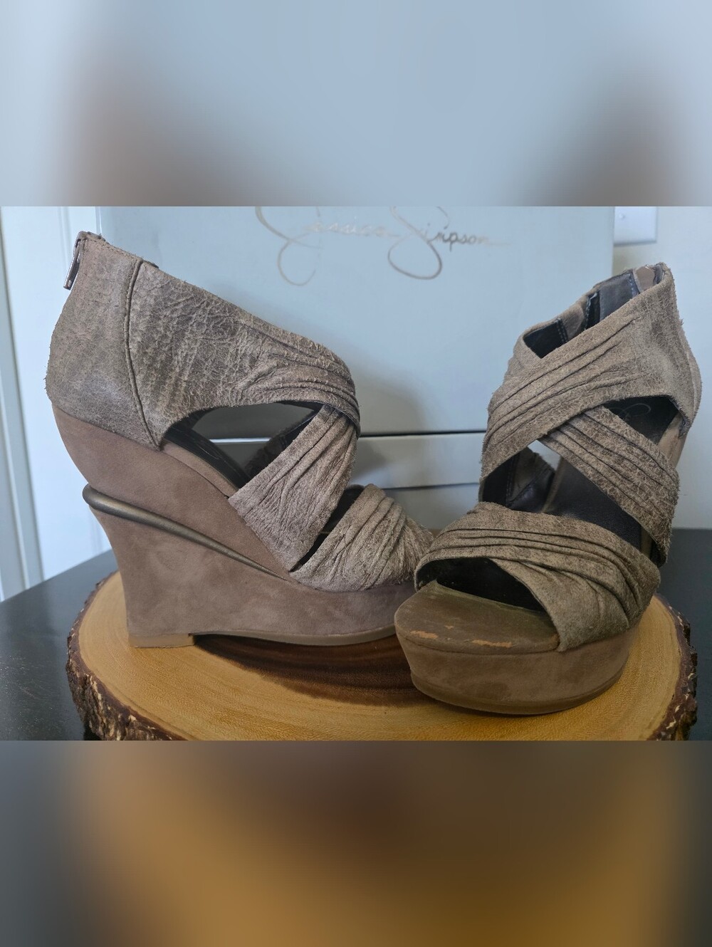 Jessica Simpson Mushroom/Taupe Falcon Leather & Suede Wedge Heels